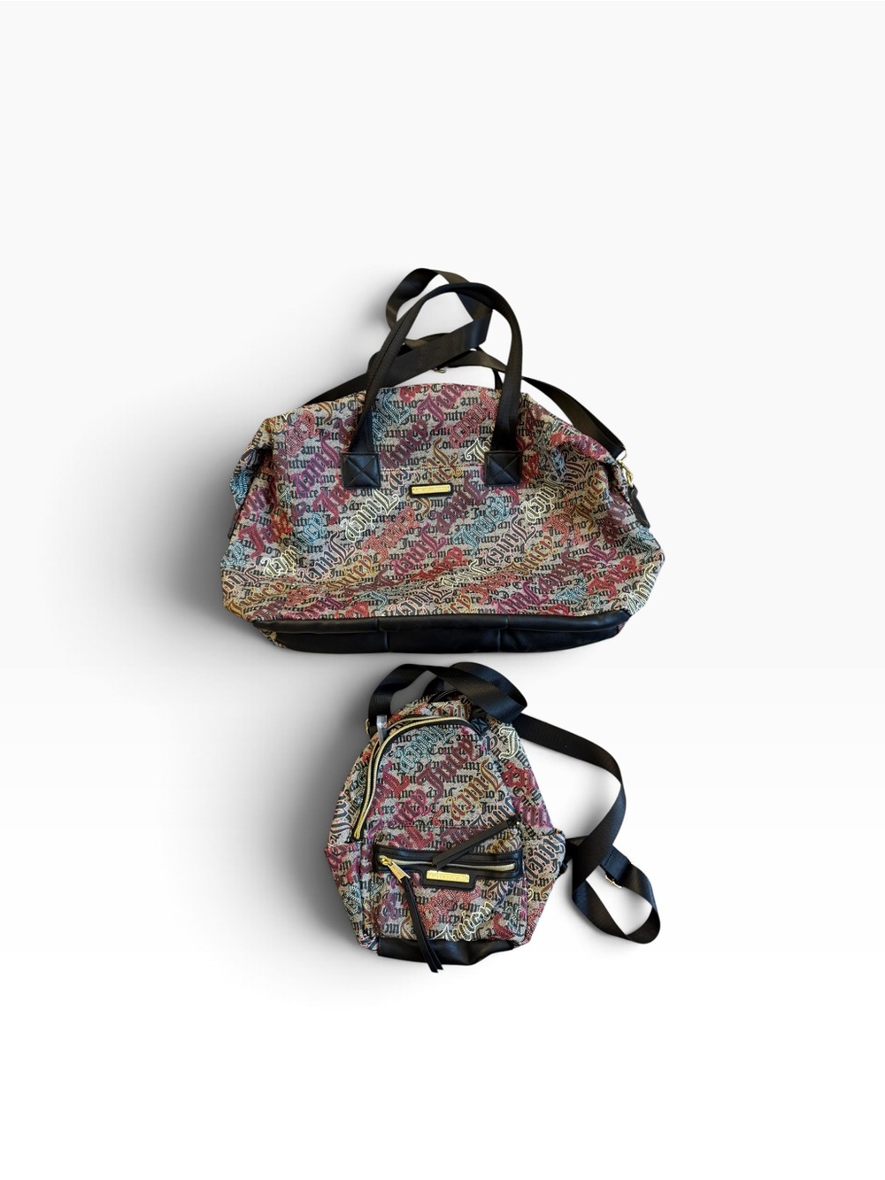 Juicy Couture 2 Pc Travel Duffel Bag Backpack Set Multicolor Y2K Logo Print